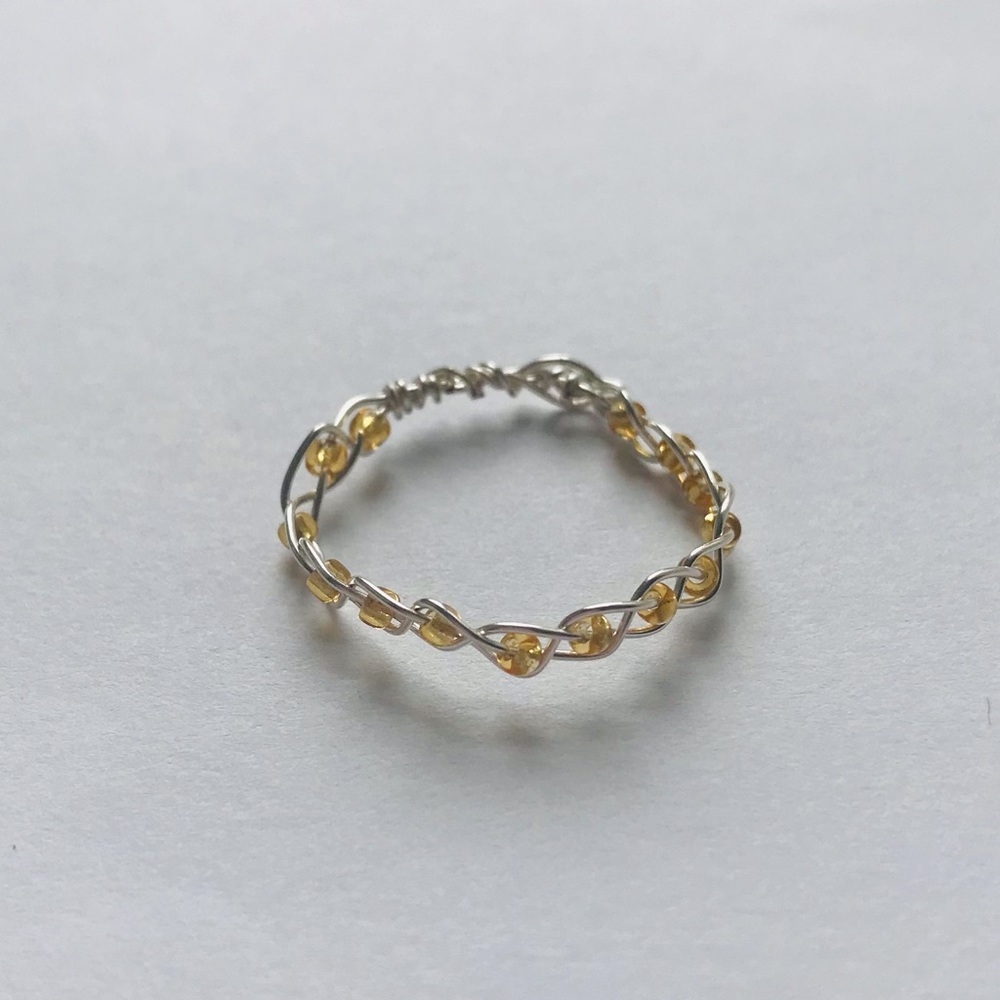 Handmade Braided Gold Bead SIlver Wire Ring